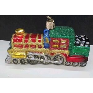 Old World Handpainted Glitter Glass Engine Train Christmas Ornament